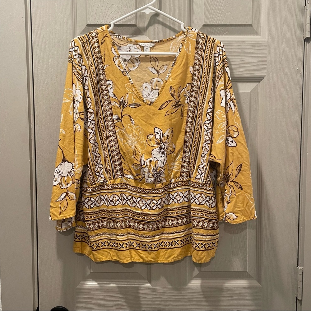 90s Boho Golden Floral Print Beach Pullover Top M